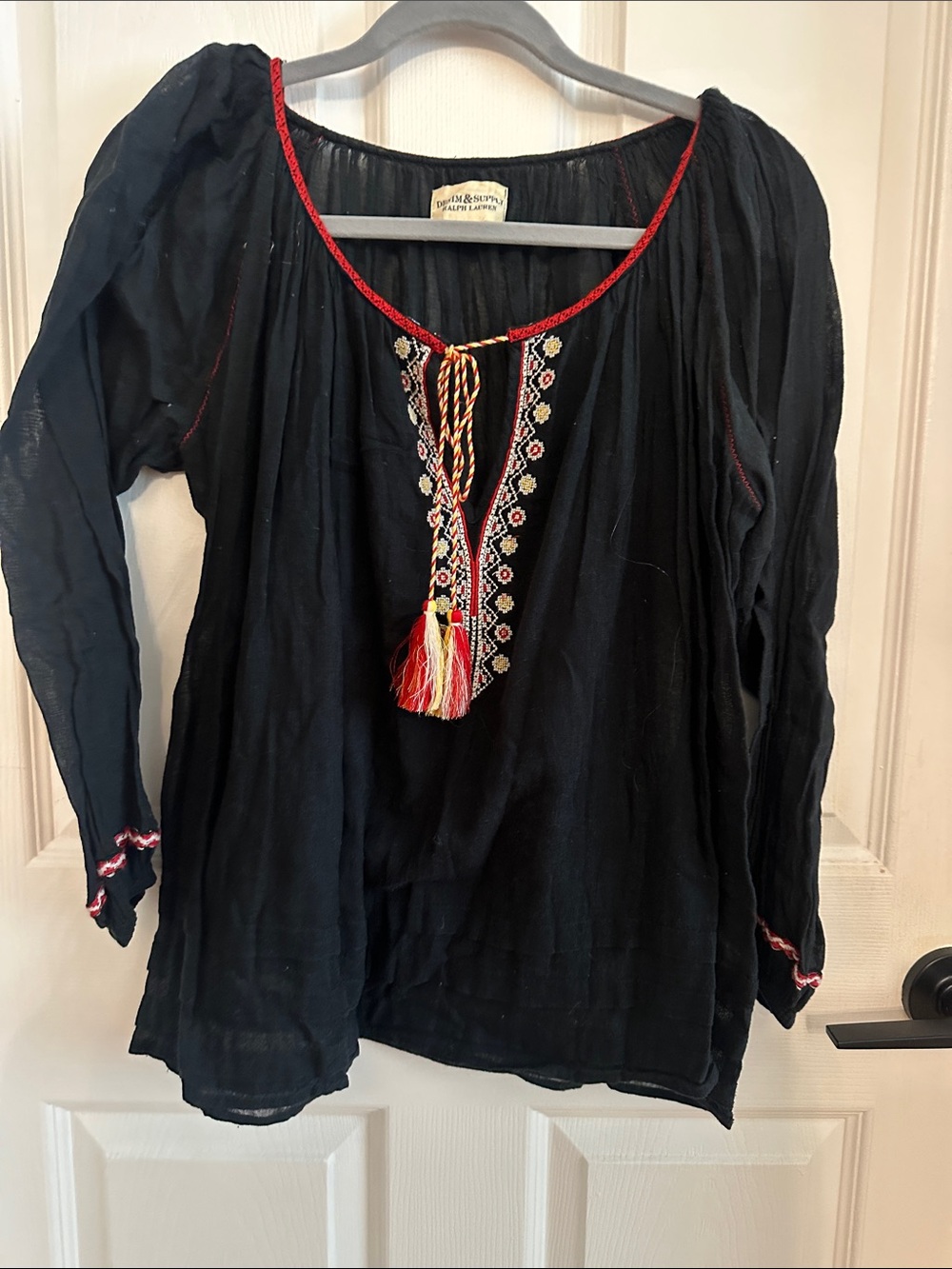 Black Peasant Blouse with Red Embroidery - Denim & Supply